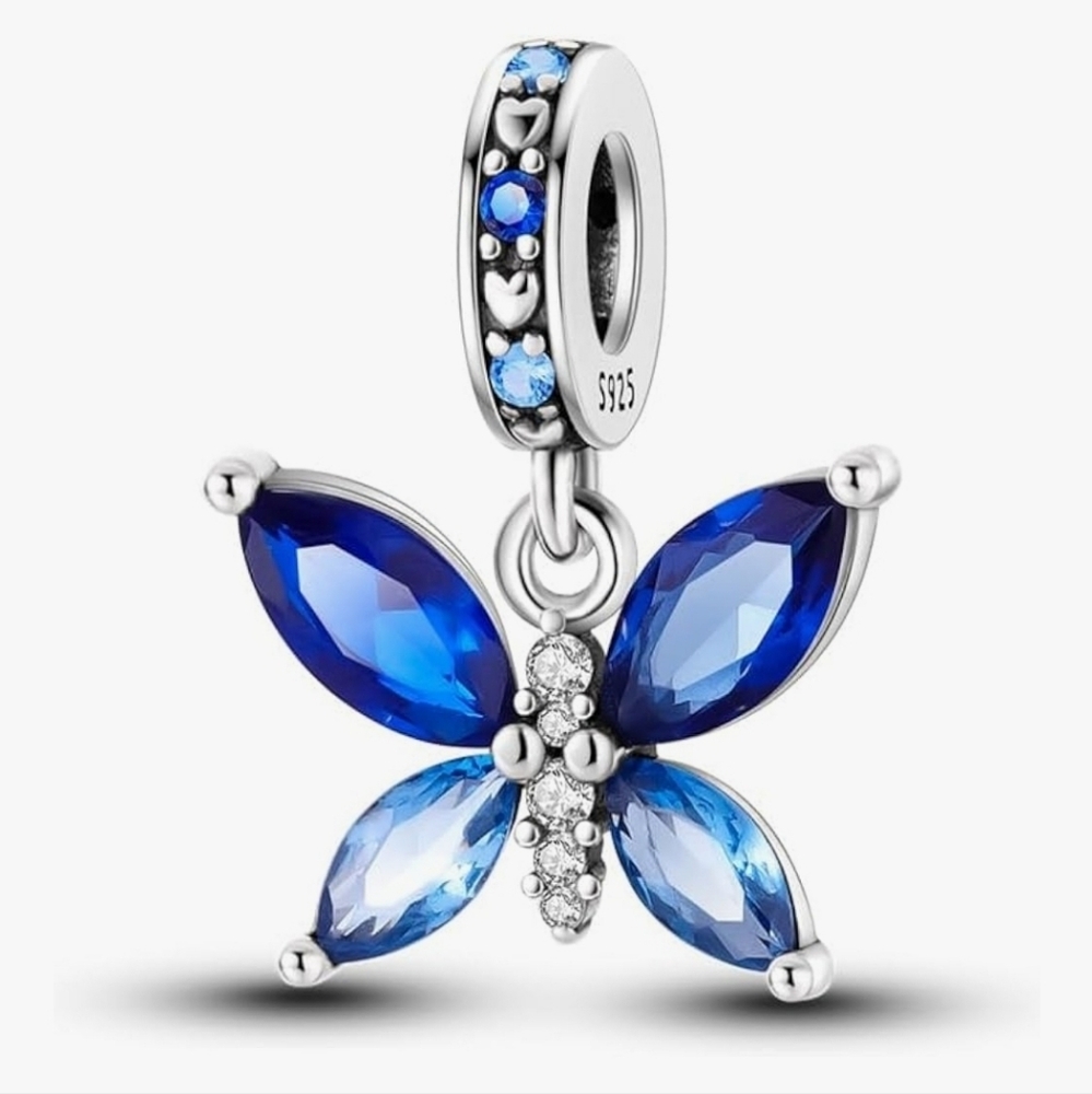 Dragonfly Butterfly Charm Royal Blue Rhinestones And Silver Setting